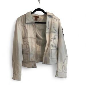 Arden B. Cream Leather Jacket with Contrast Stitching Sz Large